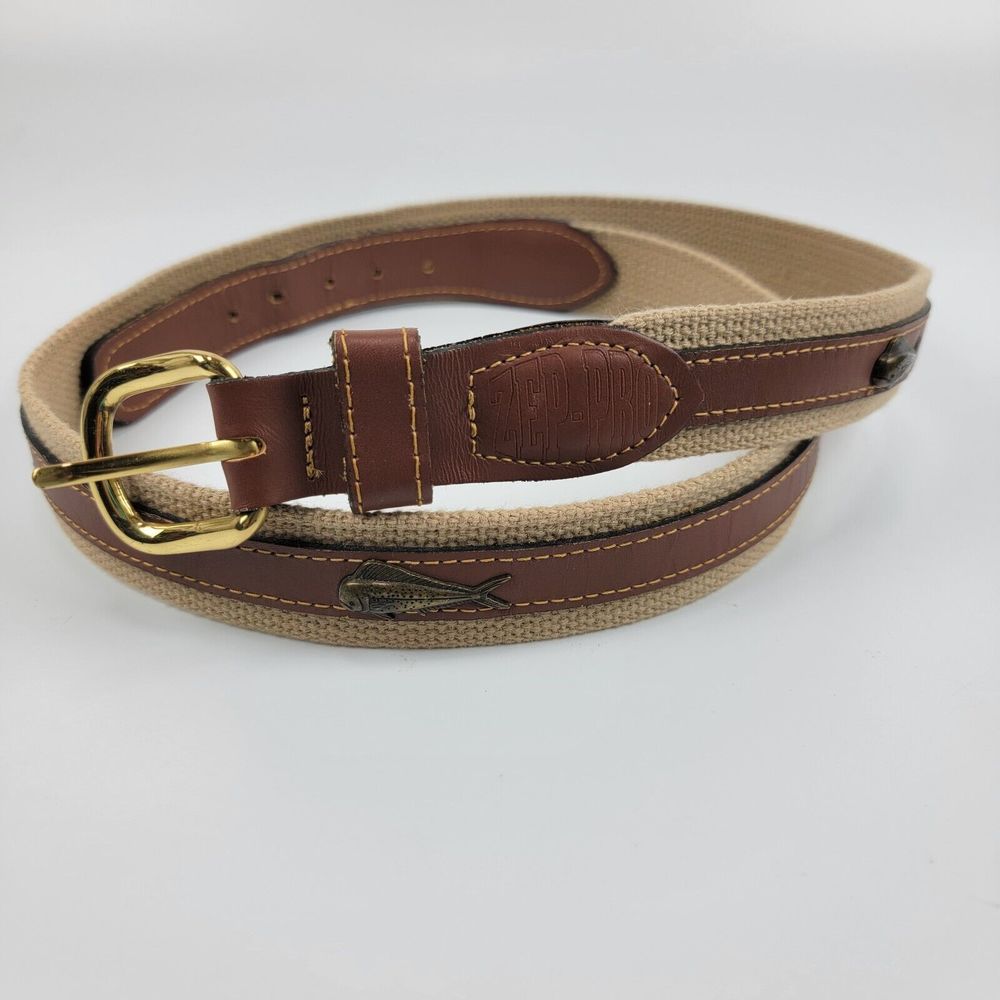 Zep Pro Mahi Mahi Bull Dolphin Leather & Canvas Belt Solid Brass Buckle Size 44